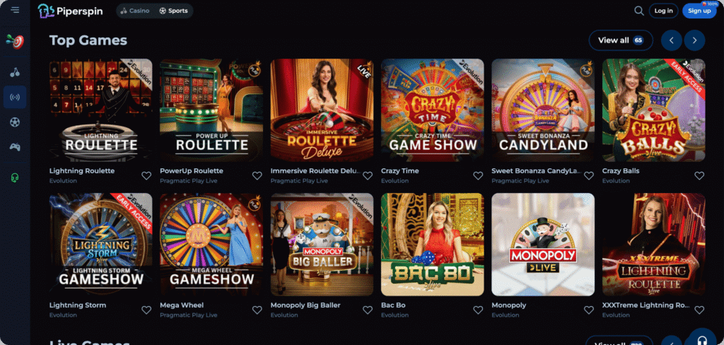 Piperspin Live Casino lobby