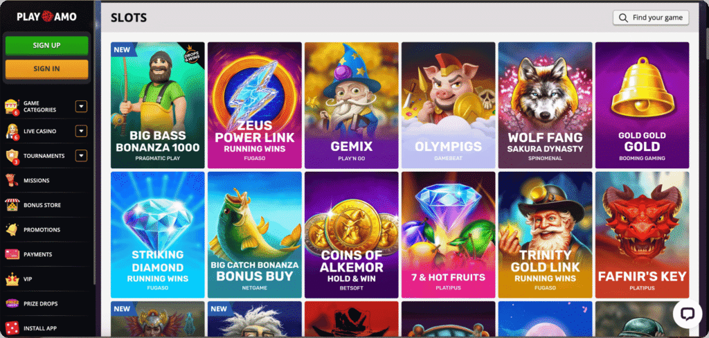 Playamo Casino slots lobby