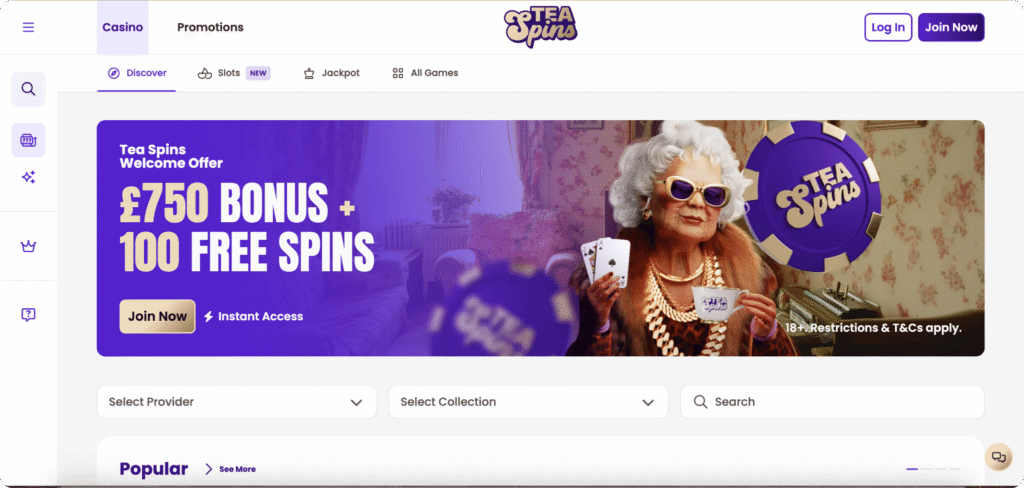 Tea Spins Casino Homepage