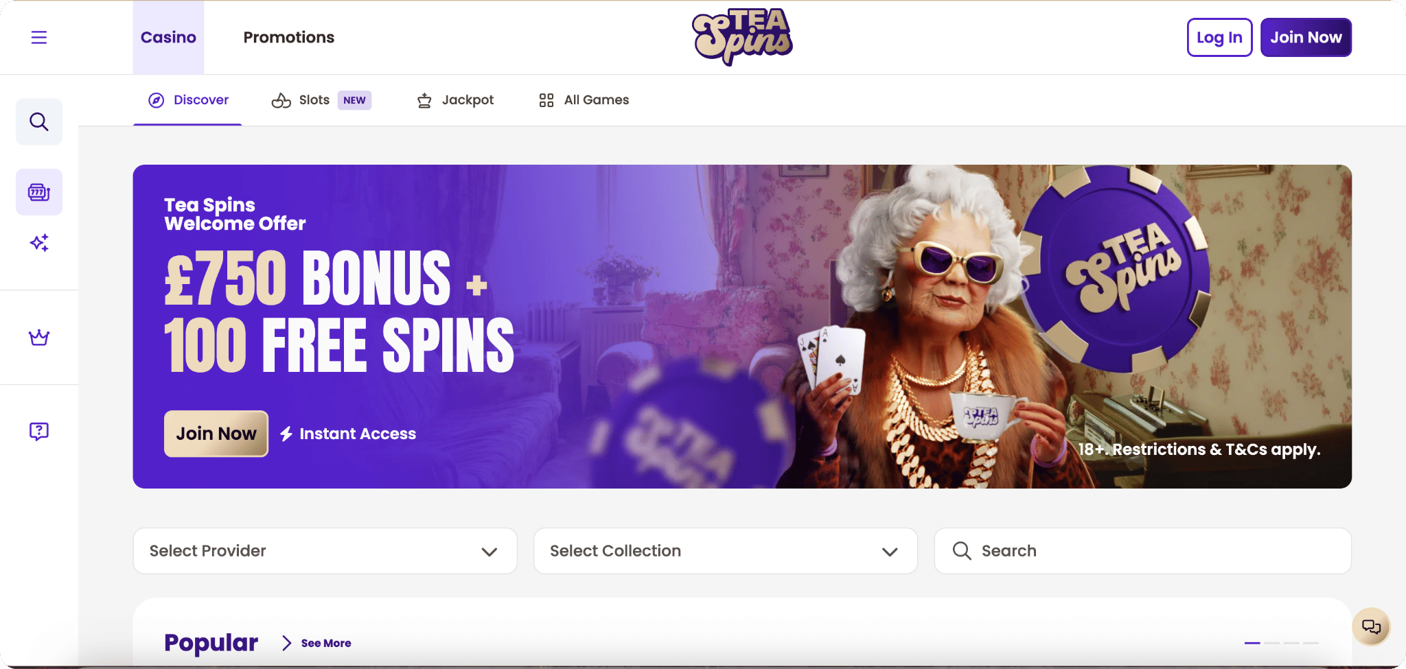 Tea Spins Casino Homepage