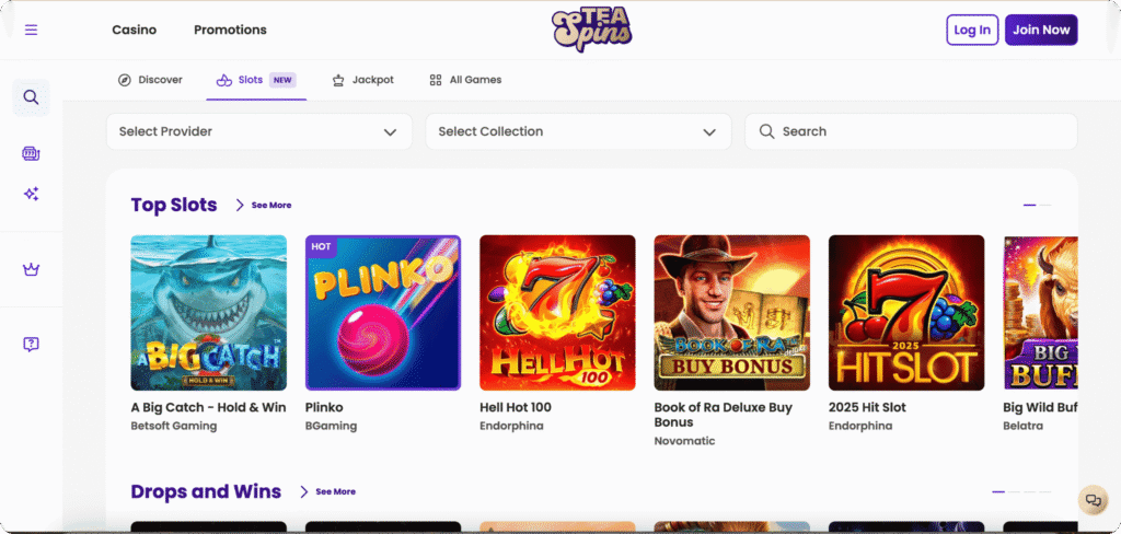 Tea Spins Casino Slots Lobby