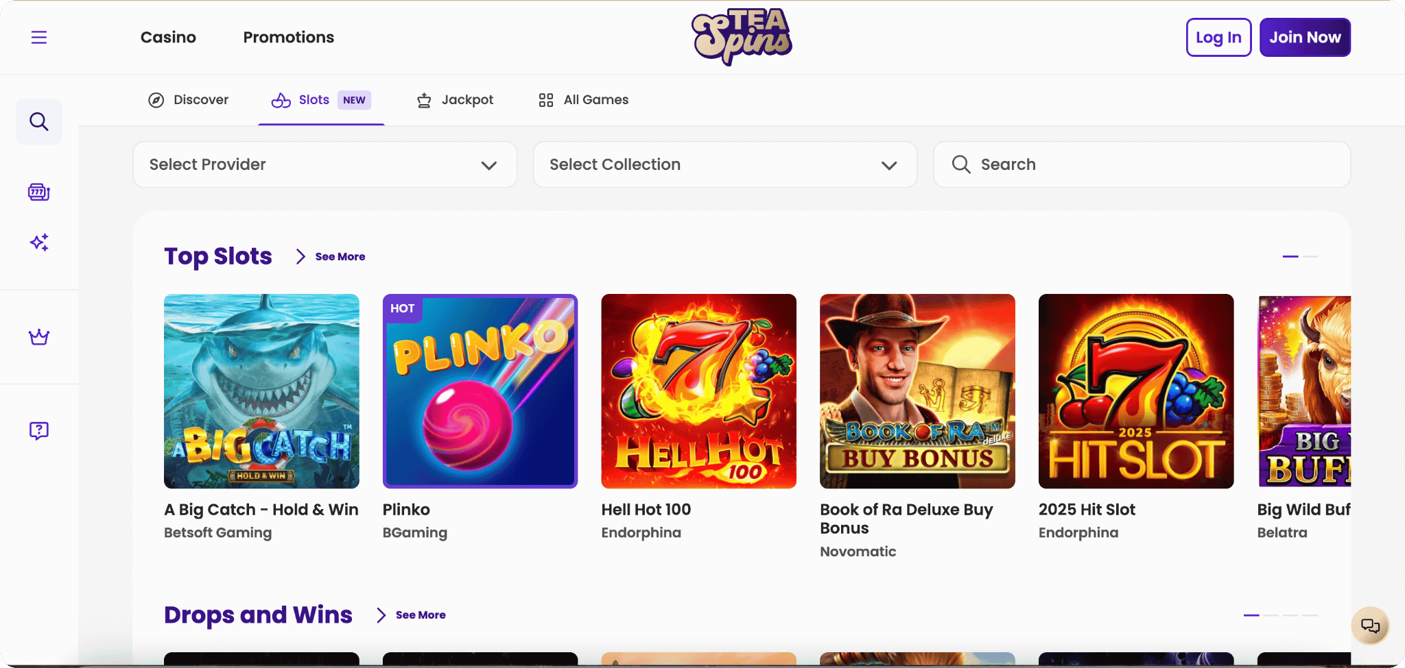 Tea Spins Casino Games Lobby