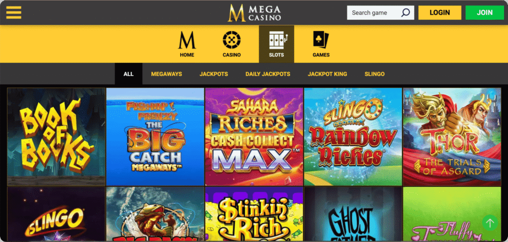 Mega Casino slots lobby