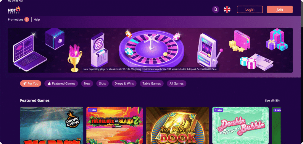 Hot7 Casino homepage
