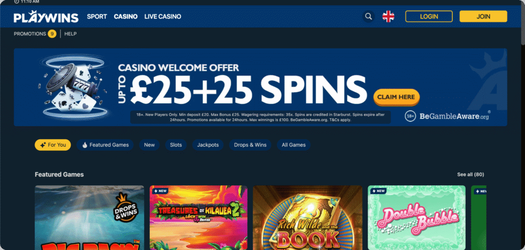 PlayWins Casino homepage