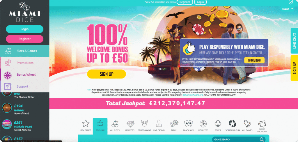 Miami Dice Casino Homepage