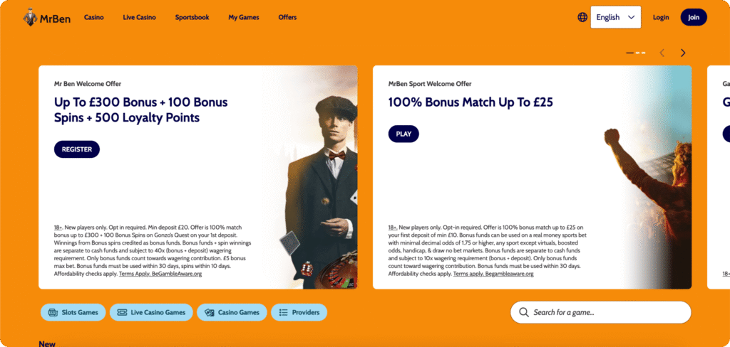 MrBen Casino homepage