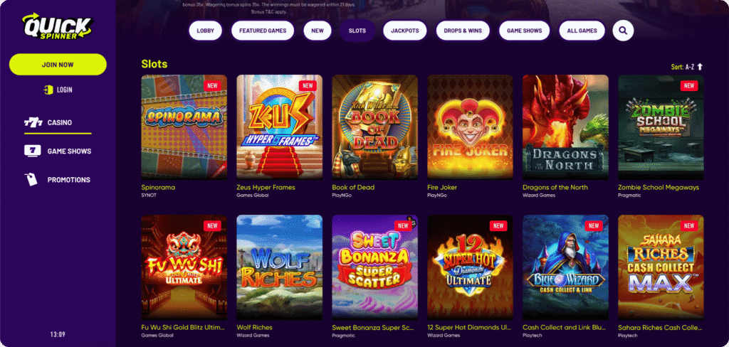 QuickSpinner Casino Slots Lobby