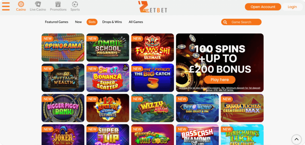 ZetBet Casino Slots Lobby