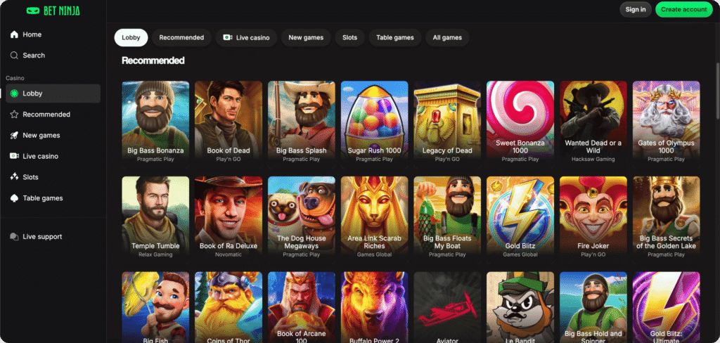 Betninja Casino Slots Lobby