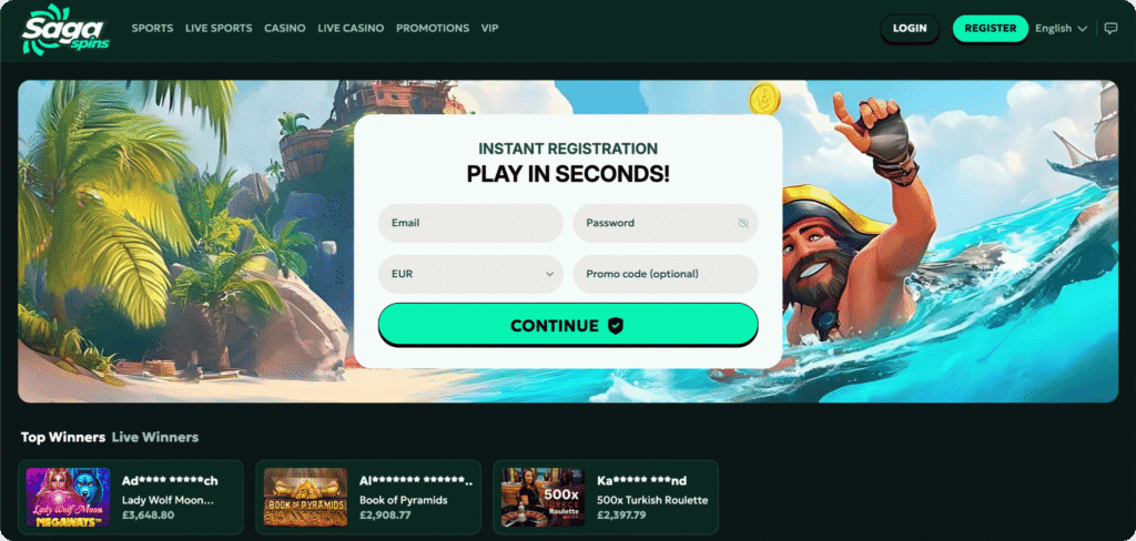SagaSpins Casino Homepage