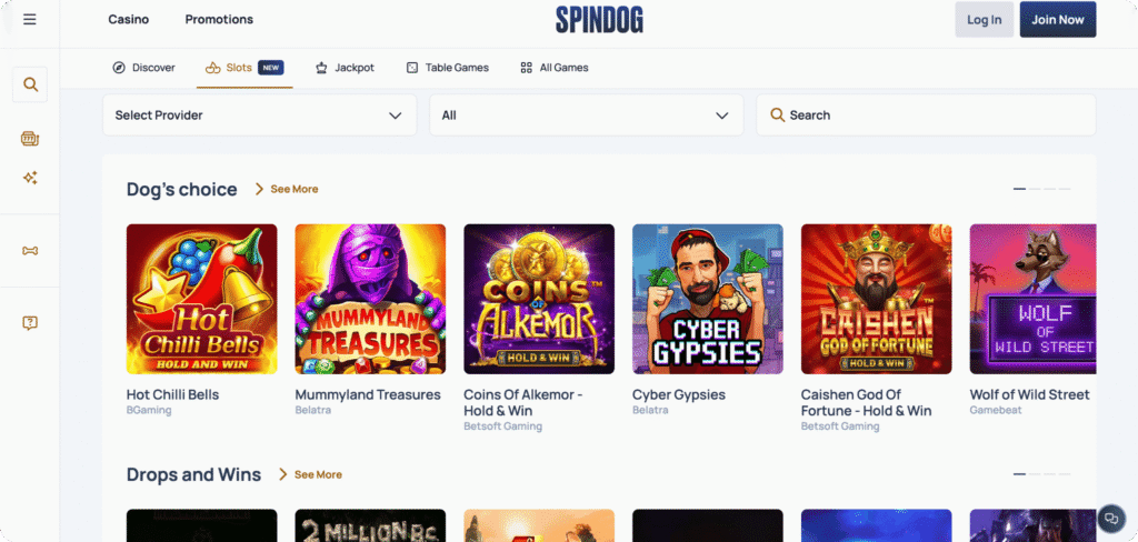 SpinDog Casino slots lobby