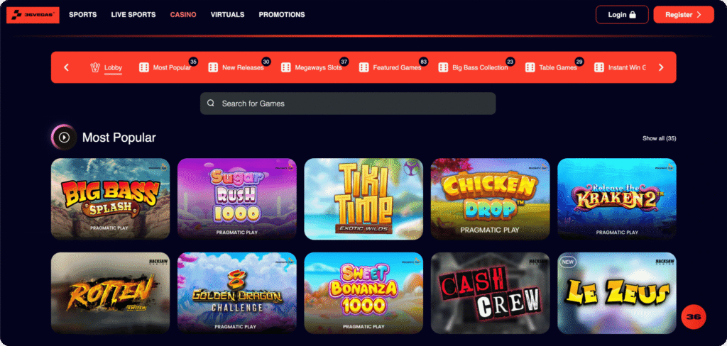 Vegas36 Casino Slots Lobby